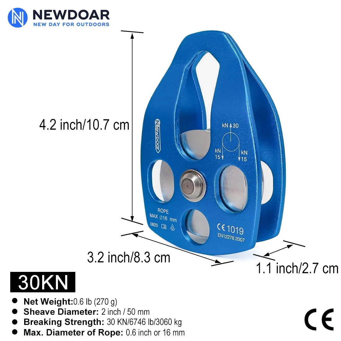 NewDoar 30KN CE Certified Large Rescue Pulley Single Sheave with Swing Plate