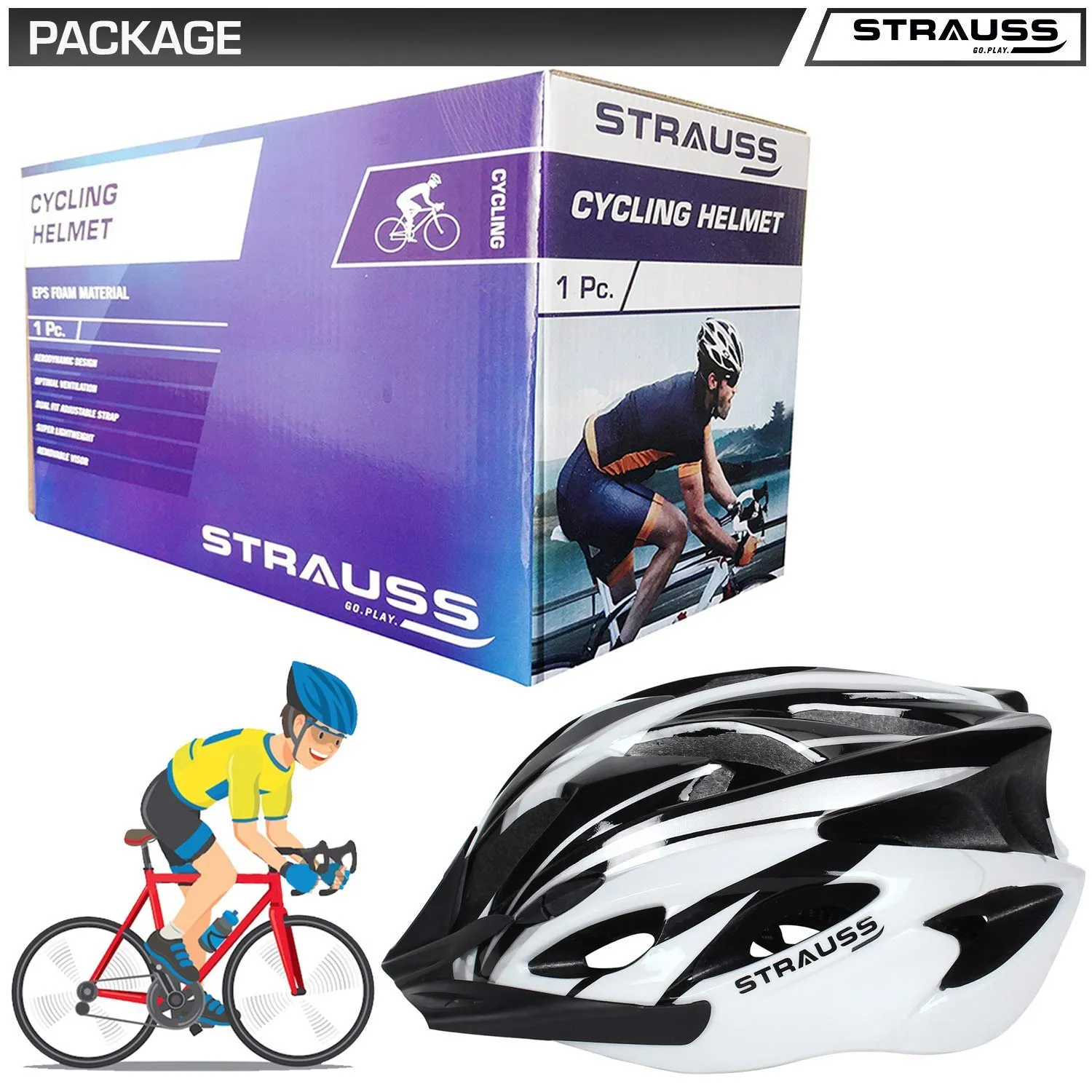 Strauss Adjustable Cycling Helmet with Detachable Visor | Light Weight with Superior Ventilation | Mountain, Road Bike & Skating Helmet With Premium EPS Foam Lining & ABS Shell | Ideal for Adults and Kids, (Black/White))