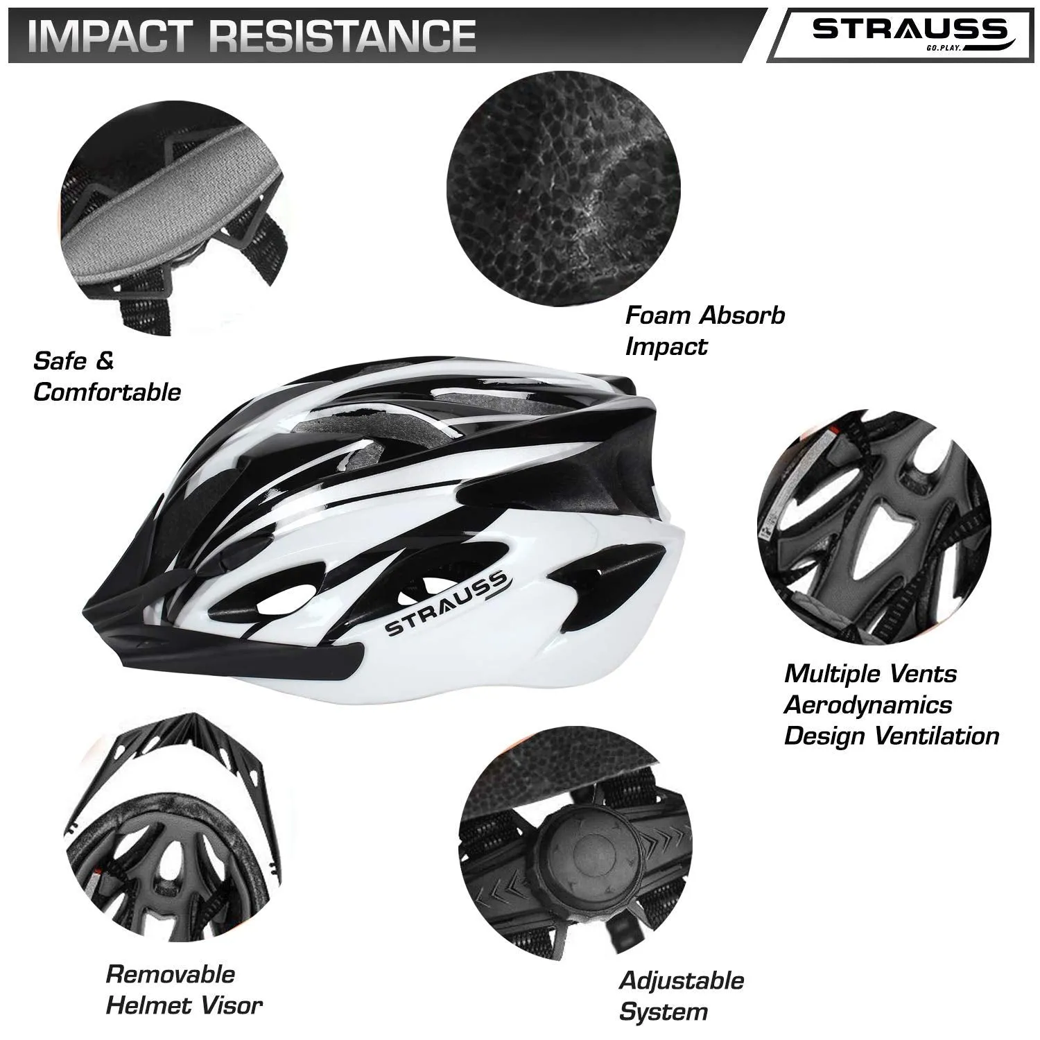 Strauss Adjustable Cycling Helmet with Detachable Visor | Light Weight with Superior Ventilation | Mountain, Road Bike & Skating Helmet With Premium EPS Foam Lining & ABS Shell | Ideal for Adults and Kids, (Black/White))