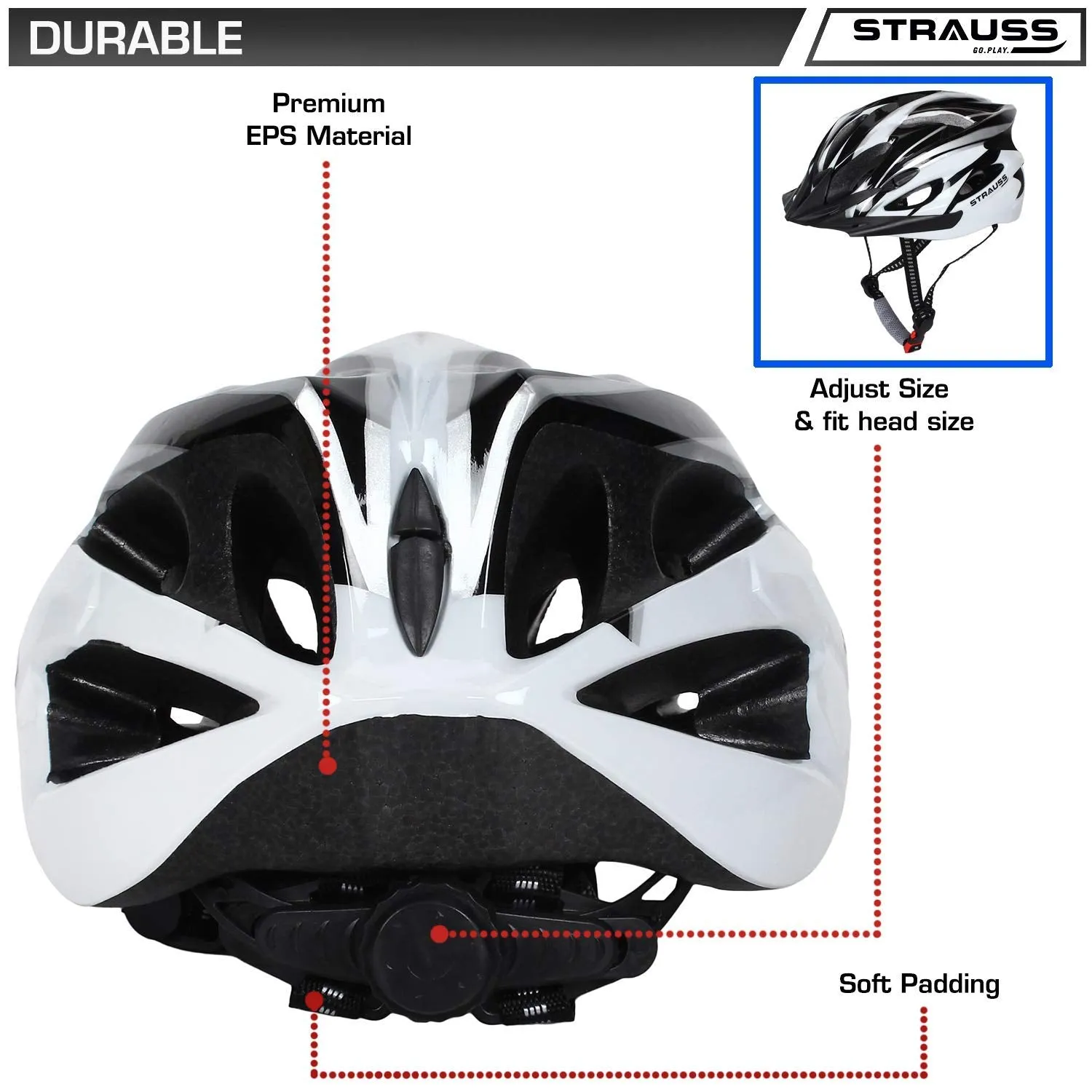 Strauss Adjustable Cycling Helmet with Detachable Visor | Light Weight with Superior Ventilation | Mountain, Road Bike & Skating Helmet With Premium EPS Foam Lining & ABS Shell | Ideal for Adults and Kids, (Black/White))