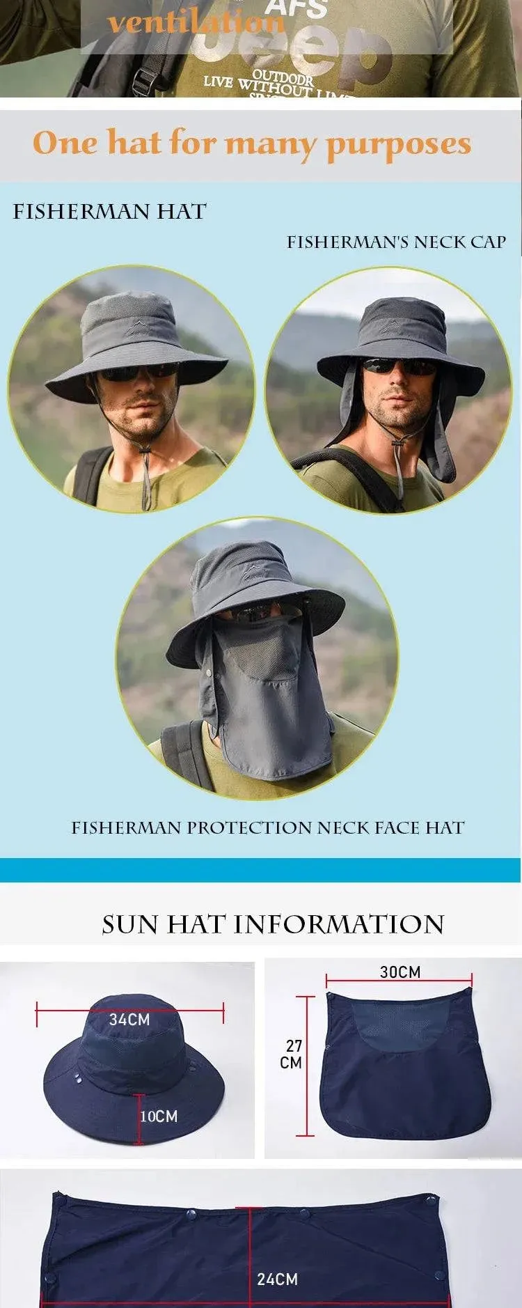 Summer Quick Dryng UV Protection Fisherman Cap Face Neck Cover Outdoor Fishing Cycling Removable Men Visor Hat Women Bucket Hat