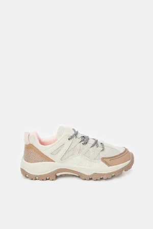 Women Beige Lace Up Hiking Sneakers